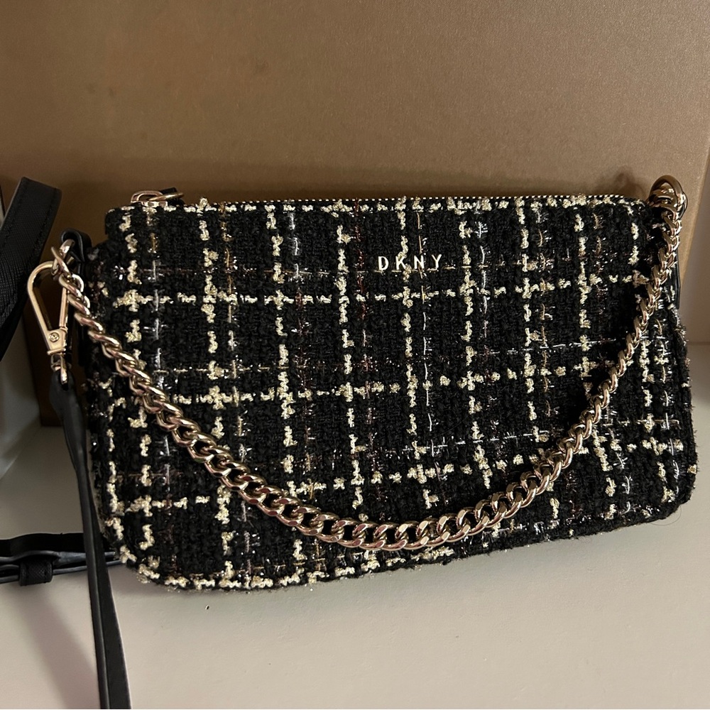 DKNY Black Tweed Chain Shoulder Bag